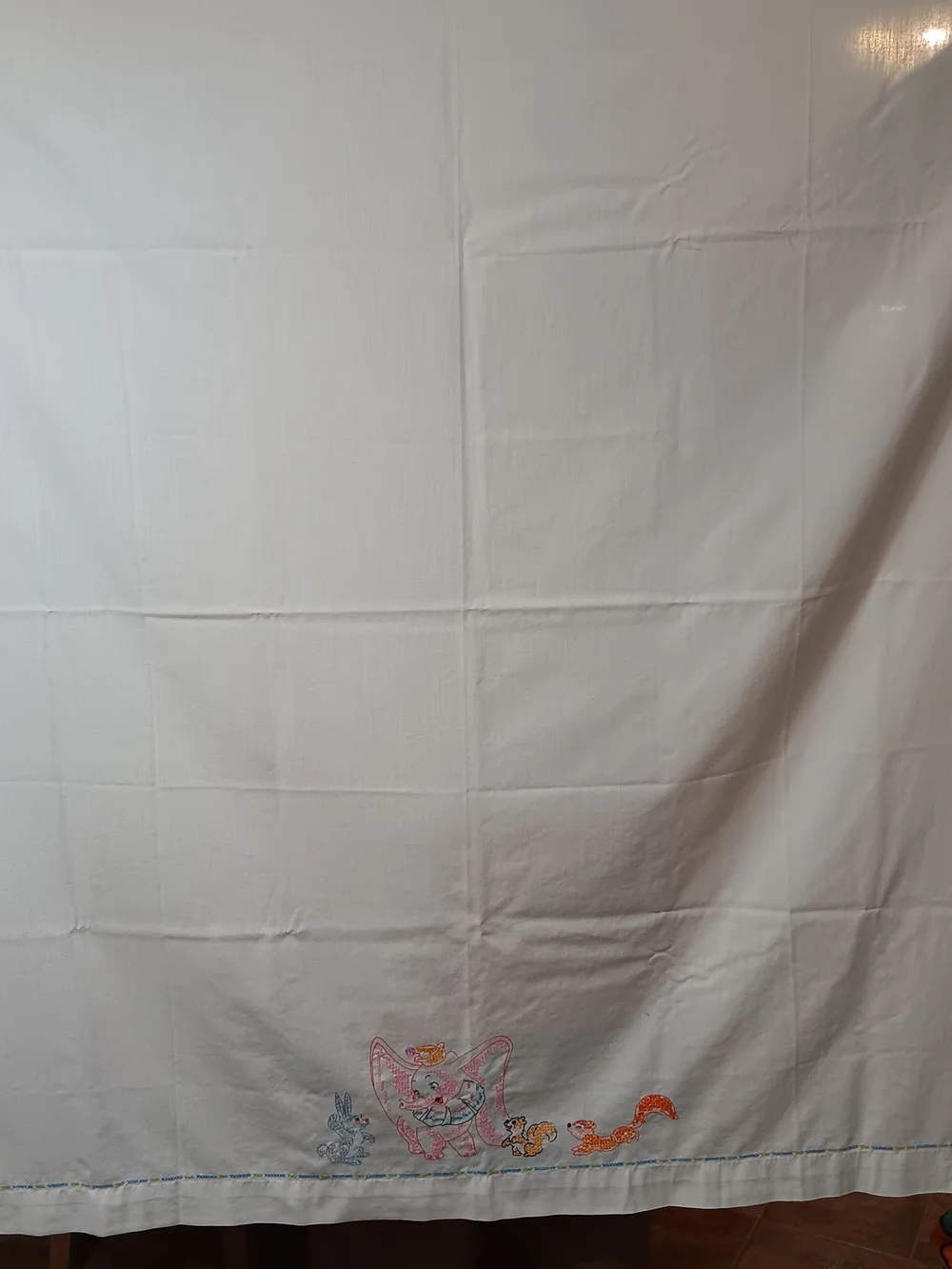 Embroidered Elephant & Bunny Vintage Cotton Crib Sheet Set - Pink, Blue, Cream